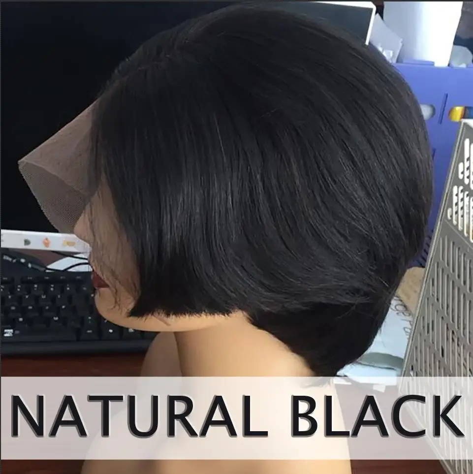 Естественный цвет Парики из натуральных волос на кружеве Pixie Cut style для женщин, черный, Омбре, Remy, бразильский короткий Боб, прямой передний парик с челкой JK - Цвет: Естественный цвет