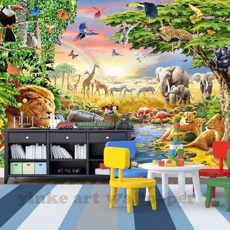 

Children's Room Cartoon Background Custom 3D Photo wall mural seven colorful grassland animal lion Wallpaper For Kids Room live