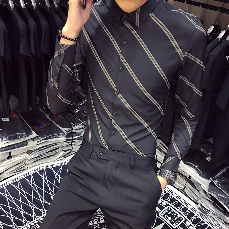 Полосатые рубашки мужские Повседневное корейский моды Camisa социальной Masculina