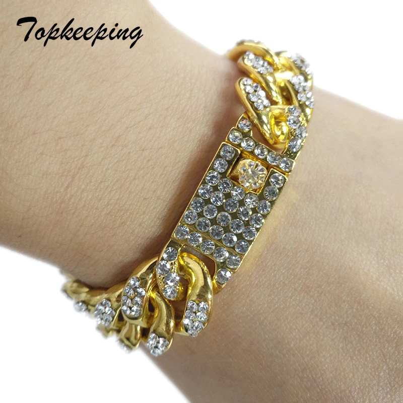 Мужские Роскошные Стразы, модные браслеты унисекс, золотой цвет, Iced Out, кубинские звенья, браслет-цепочка, рэппер, рок, хип-хоп