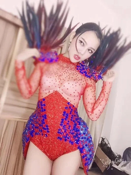 Women Sexy See-through Red Feather Sparkly Rhinestones Bodysuit Nightclub Bar Dance Teams DJ DS Show Female Singer Stage Costume |