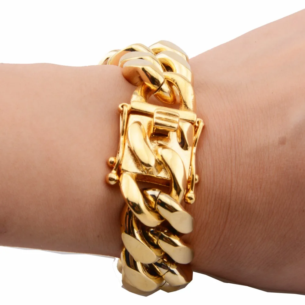 Granny Chic 8/10/12/14/16/18mm Wide 8-11inch Mens Gold Color 316L Stainless Steel Miami Curb Cuban Link Chain Bracelet Jewelry
