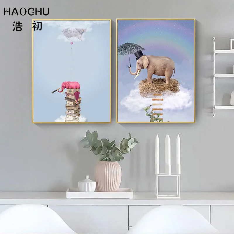 HAOCHU Nordi плакат розовый слон бабочка живопись на холсте мультфильмы воздушном