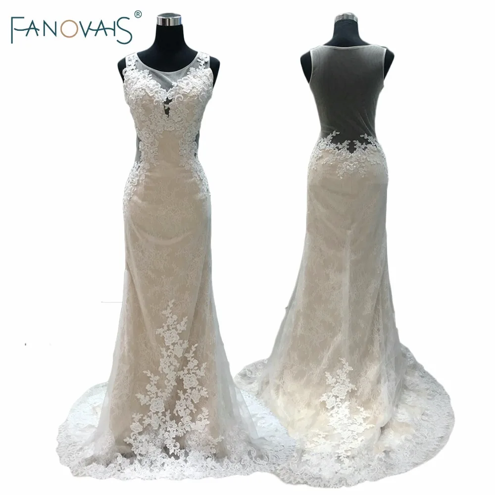 Реальные фотографии прозрачные аппликации совок шеи кружева свадебное платье