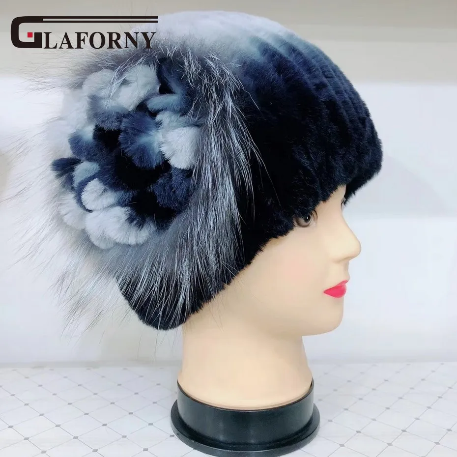 Glaforny, новинка, женские модные меховые шапки, настоящий мех кролика, шапки с цветами сбоку, мех серебристой лисы, шапки для русской зимы