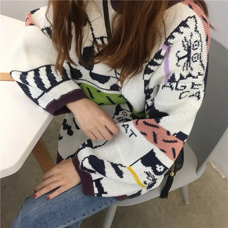 Super Cute Kawaii Cartoon Cat Sweater Women Autumn Winter Loose Long Pullovers Knitted Plus Size Knitwear Jumpers Ladies | Женская