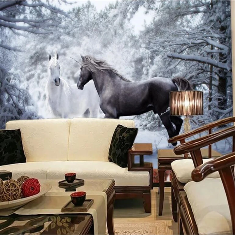 Настенные 3D-обои на заказ рисунок лошади снега черно-белый художественный фон