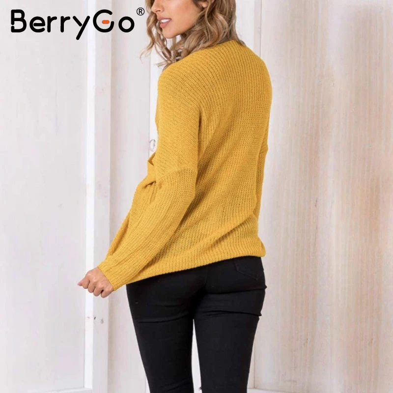BerryGo Sexy V neck cross knitting winter sweater women Autumn pull knit casual jumper Fashion down sleeve pullover female 2017 | Женская