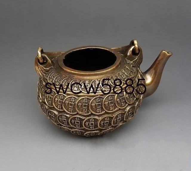 Old Chinese Brass Copper Wealth Money Coin Portable Wine Tea Pot Flagon NR | Дом и сад