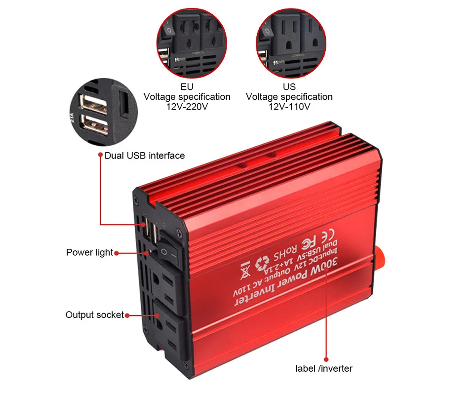 AOSHIKE инвертор автомобиля DC 12 В AC 220 В 300 Вт Напряжение ИНВЕРТОР ДВОЙНОЙ 2.1A USB Prots Зарядное устройство конвертер Мощность инверсор Мощность разъем