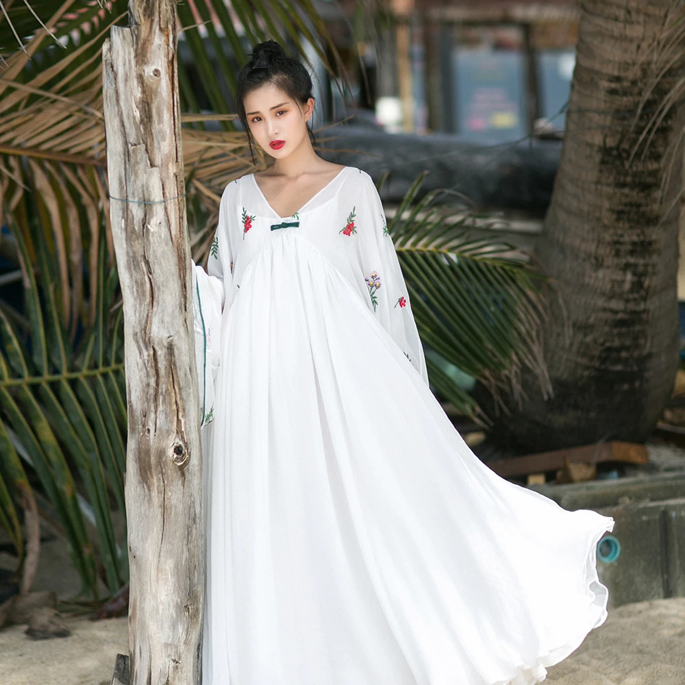 Женское шифоновое пляжное платье макси с длинным рукавом и v образным вырезом|dress