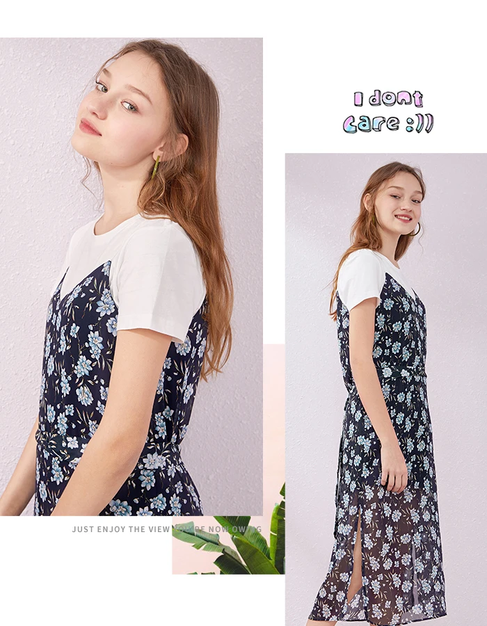 SEMIR Летний костюм платье женское круглый вырез белая рубашка цветочный шифон ремень платье для женщин
