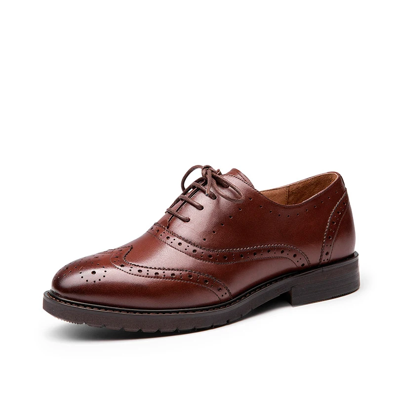 Brown BeauToday Oxfords Women Calfskin Genuine Leather Wingtip Lace-Up Closure Ladies Brogue Flat Shoes Handmade A21069 - Цвет: Brown