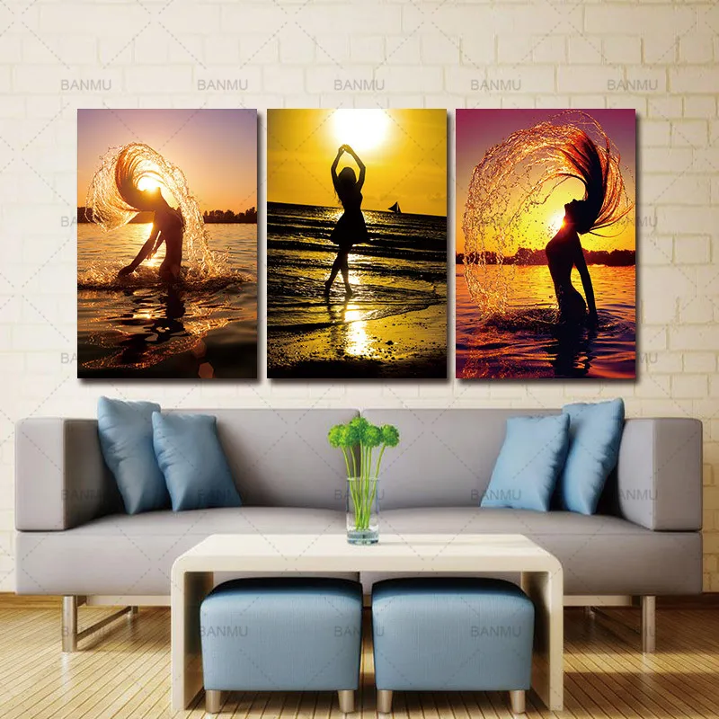 5 шт. холст искусства Закат пляж Обнаженная Женская картина маслом домашний декор
