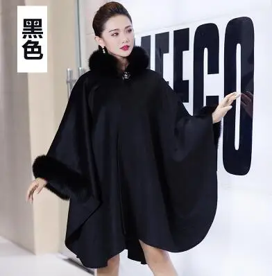 Черный Высококачественный натуральный кашемир с натуральным бренд Fox Fur Trim пончо накидка роскошные высококачественные женские аксессуары осень зима натуральный шарф - Цвет: Черный