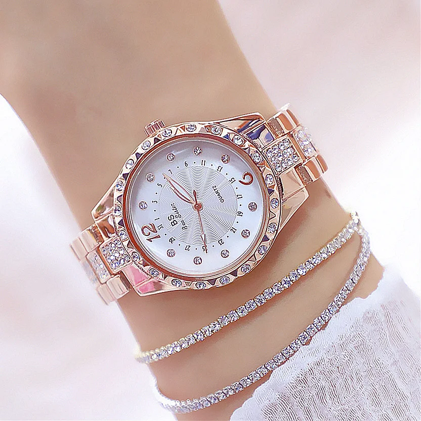 Rose Gold Женские часы леди Алмазный платье часы золотые серебряные Нержавеющая сталь наручные часы со стразами Женская обувь с украшением в виде кристаллов часы waches - Цвет: Rose Gold