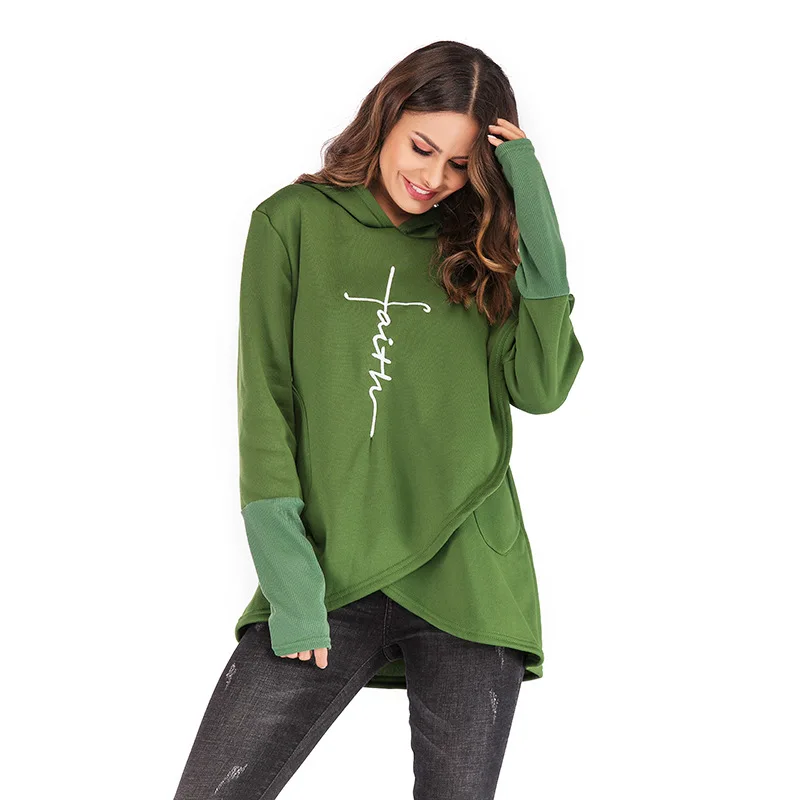 

European American long-Sleeved Fleece Top Sweatshirts For Women's Autumn/Winter Fashion Embroidery Irregular 2 Ladies Hoodie