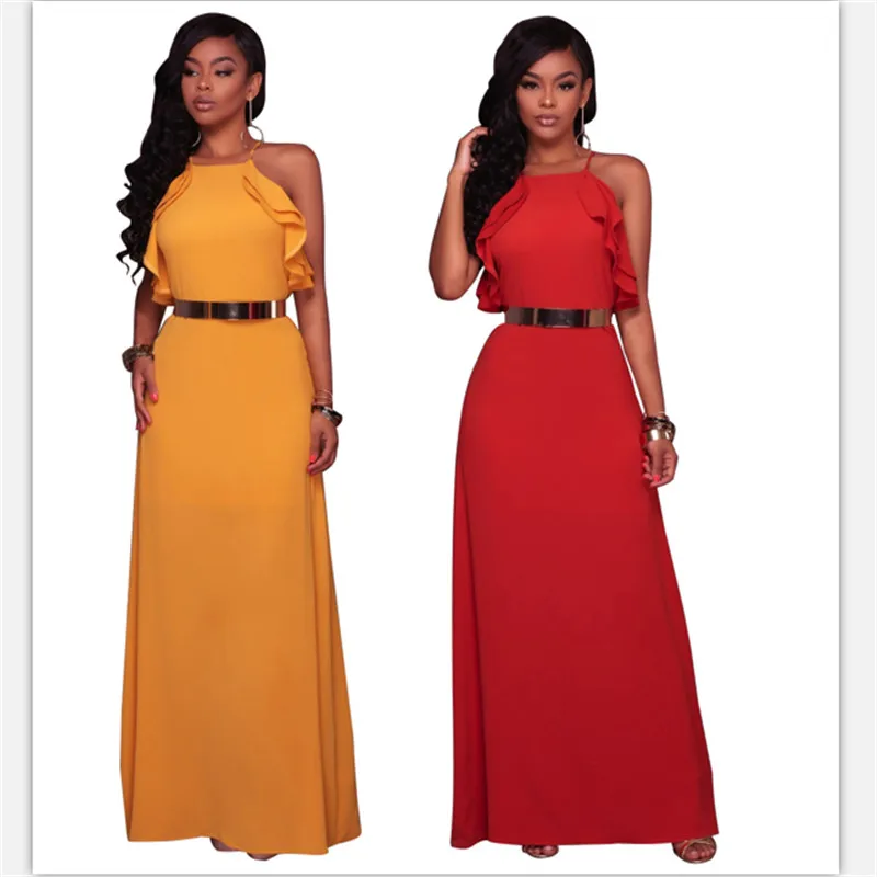 New women dress sexy red yellow color ruffles sleeveless night club hot slash neck fashion for girls | Женская одежда