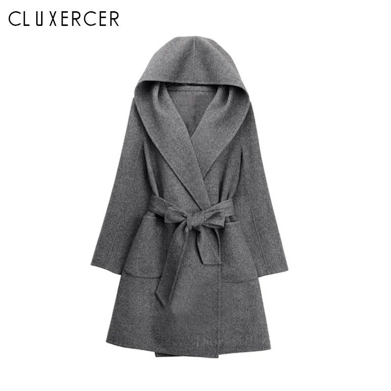 Зимнее женское пальто, новинка 2018, женское Шерстяное приталенное пальто с капюшоном в Корейском стиле, Элегантная модная теплая черная курт...