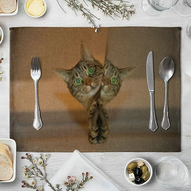 4PCS Cotton Linen Placemats Cute Dog and Cat Pattern Dining Table Mats Gift Washable Food Pad for Home Kitchen Decoration | Дом и сад