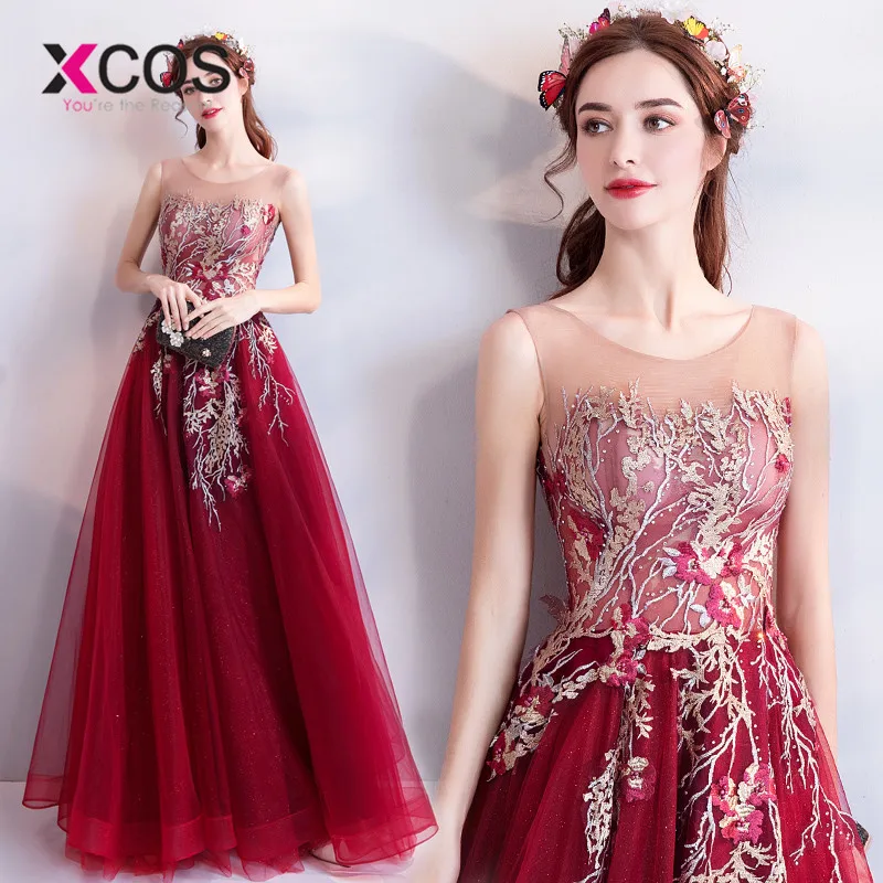 XCOS Robe de Soiree Longue элегантное кружевное красное платье для выпускного вечера