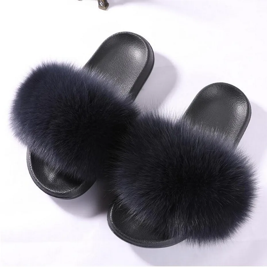 dark grey ZDFURS/; модные шлепанцы с лисьим мехом; шлепанцы без задника с натуральным мехом; Летние вьетнамки; повседневные Модные босоножки с лисьим мехом; модная плюшевая обувь; - Цвет: dark grey