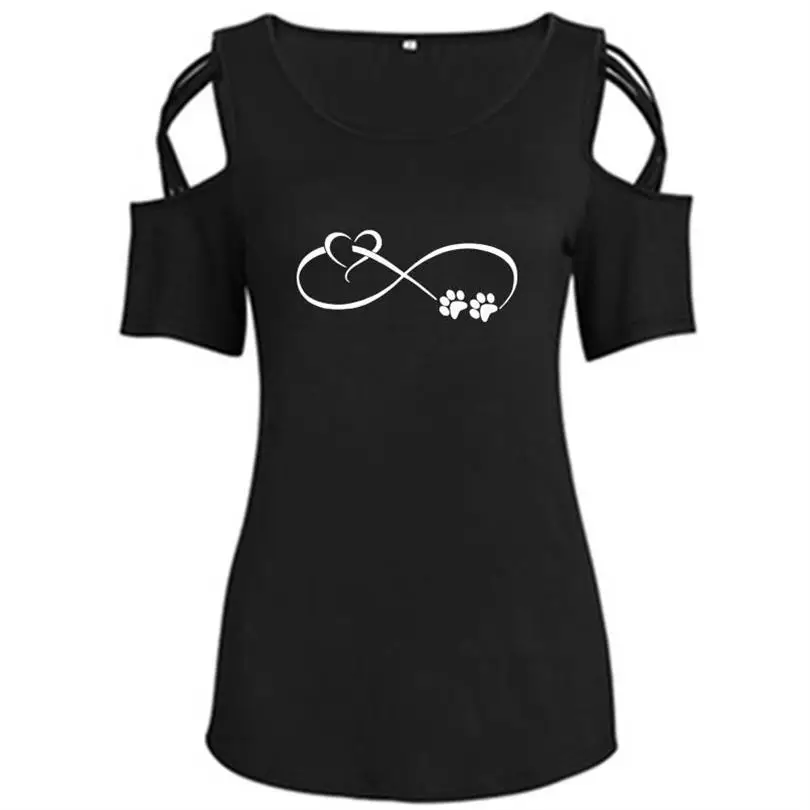 Женская футболка с открытыми плечами облегающая принтом сердечек и лап уличная