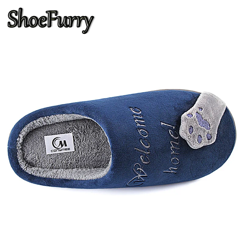 ShoeFurry/домашние тапочки; хлопковая обувь; коллекция года; зимние домашние тапочки с рисунком кота; мужские Нескользящие мягкие тапочки; теплые плюшевые Тапочки Мужские тапочки для спальни Осень сгущает обувь