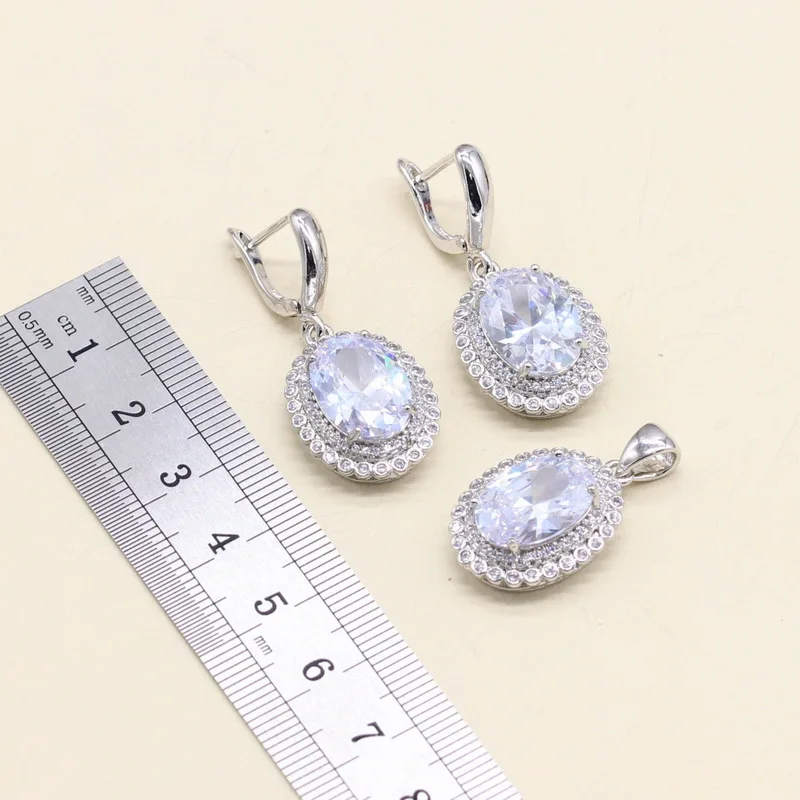 925 Silver Necklace Pendant Earrings Bracelet Bridal Jewelry Set for Women Christmas Gift Oval White Semi-Precious | Украшения и