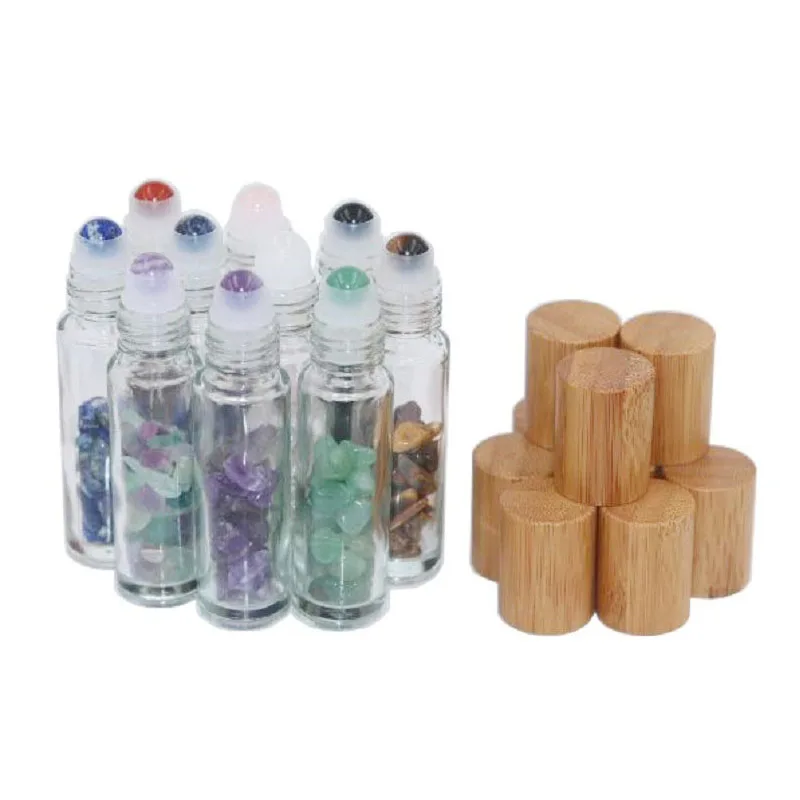 10ml Natural Gemstone Glass Roller Bottles Essential Oil Jade Roller Bottles Bamboo Cover 10pcs/lot P224
