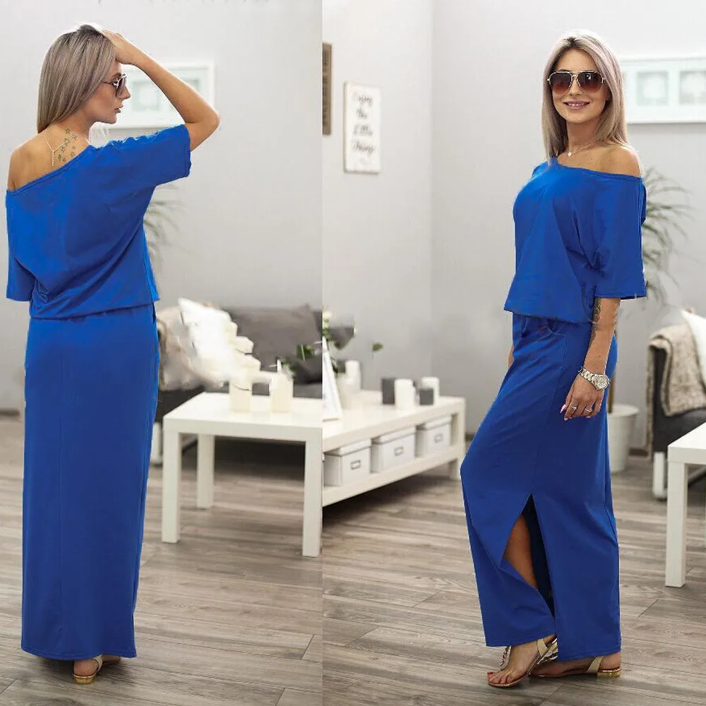 Женское длинное платье Boho черное/синее макси с карманом для вечеринки 2019|Женские