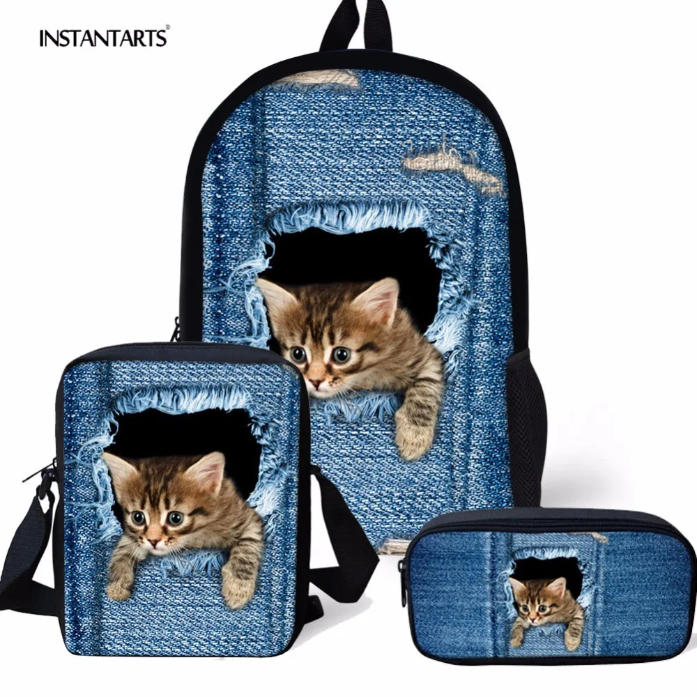 INSTANTARTS дети Mochila рюкзак 3D милые синие джинсы животного с рисунком кота для девочек