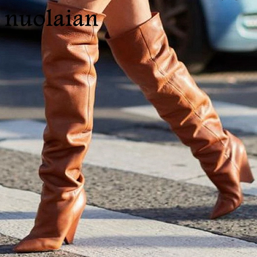 

Womens Leather Thigh High Boots Woman Winter Shoes Faux Fur Snow Long Boot Ladies Over The Knee Boots 9CM High Heels Shoes