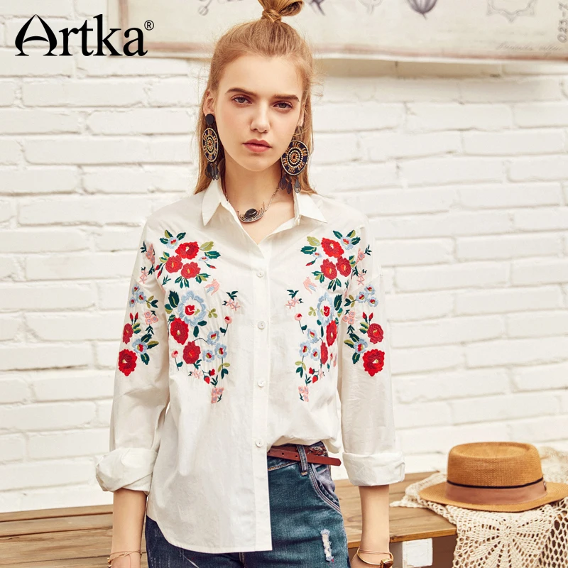 ARTKA/Новинка Изысканная свободная хлопковая рубашка с цветочной вышивкой и