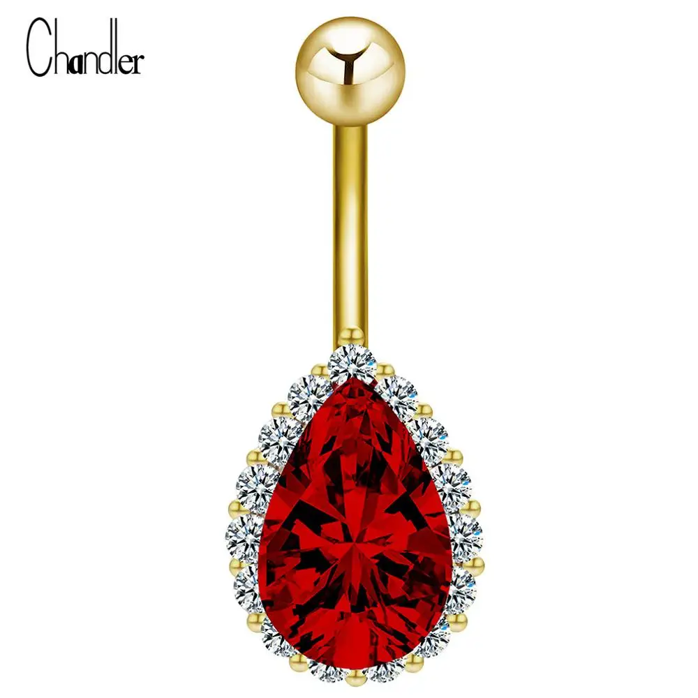 Cahndler капли воды пупка кольцо для пирсинга, из хирургической стали Ringen бар ювелирные изделия для тела один Кристалл Стразы Ombligo Nombril - Окраска металла: Gold Red Crystal