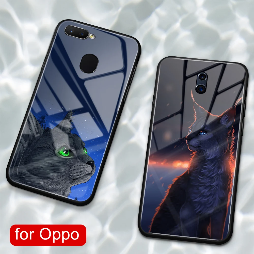 For Oppo R11s plus case glass back anime animal cute cat cover for R9 R9S R11 R11S Plus R17 R15 F9 Pro Find X A7X Reno | Мобильные