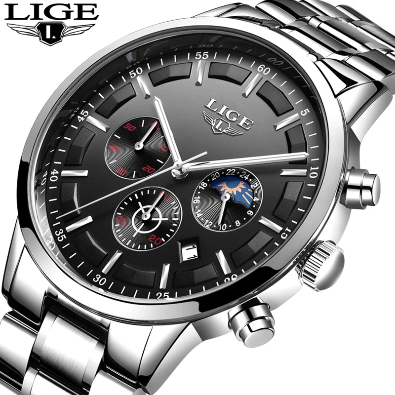 Relogio Masculino LIGE модные мужские часы с хронографом Moon phase Топ бренд Бизнес Кварцевые