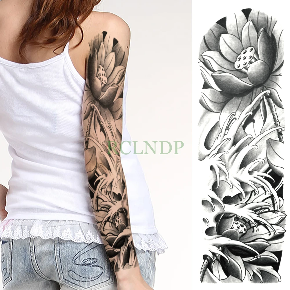 

Водостойкая Временная тату-наклейка Лотос цветок на всю руку большой размер фальшивая тату флэш-тату для мужчин женщин