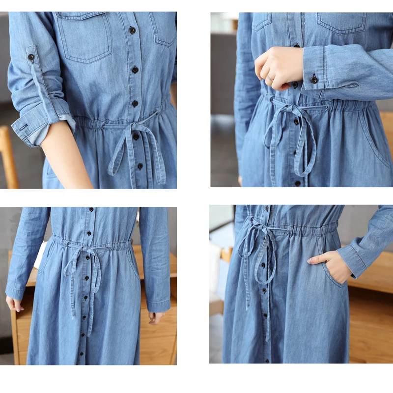 Весна 2018 женское джинсовое платье Элегантная туника с длинным рукавом офисные