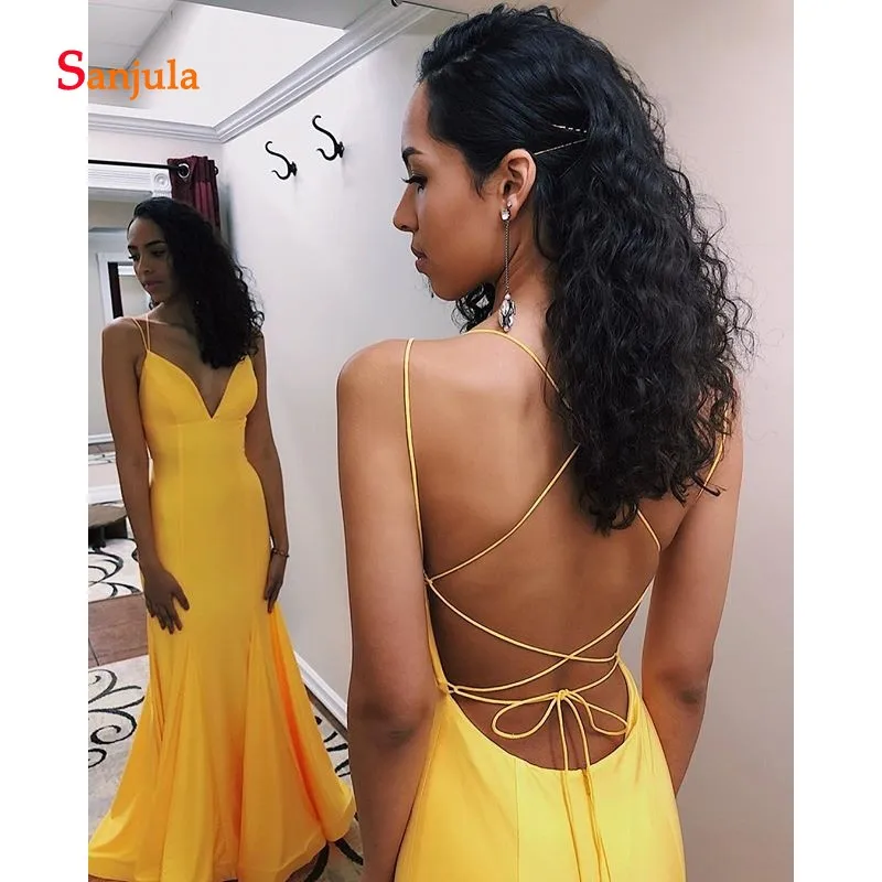 Yellow Spandex Long Prom Dresses 2019 Sexy V Neck Sheath Simple Black Girls Gowns Back Criss-Cross Graduation D697 | Свадьбы и