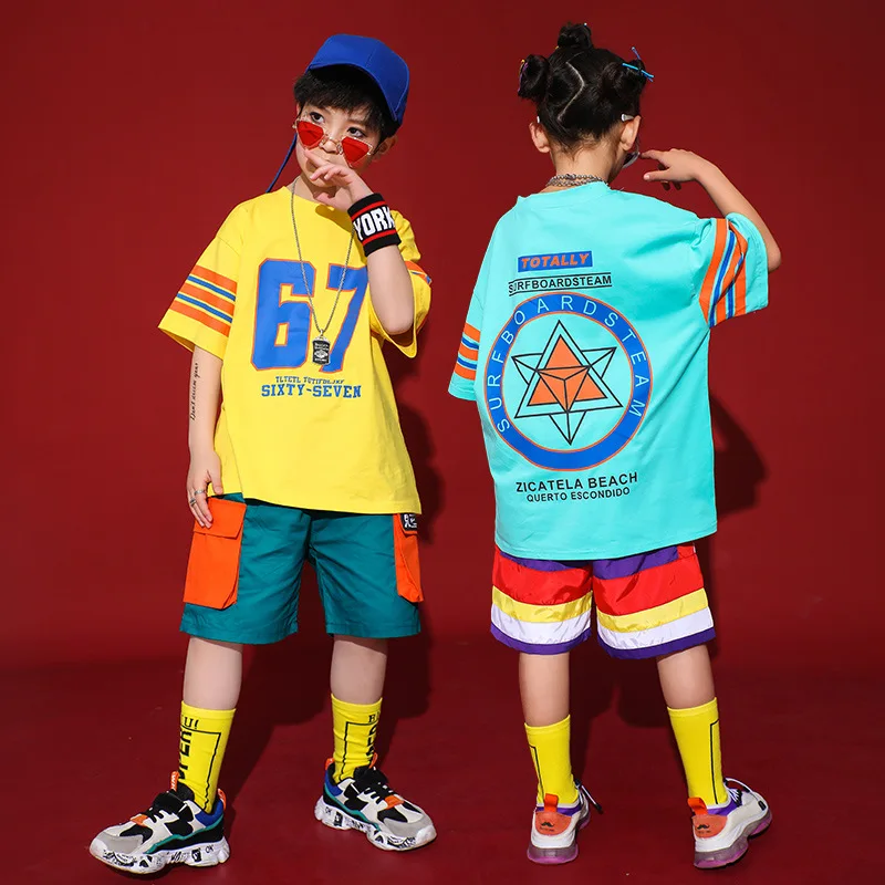 

2021 Children Jazz Dance Costumes Kids Boy Girl Hip Hop Clothing Hiphop Street Dancing Clothes Summer T-shirt Short Pants Suit