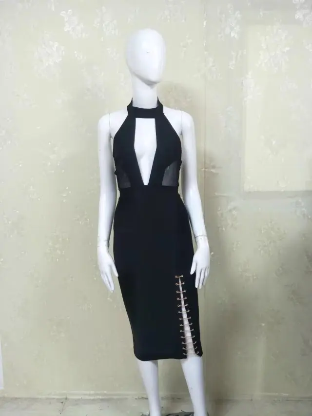 Женщины без рукавов спинки до колена Длина Холтер Черный район Bodycon бинты Dress