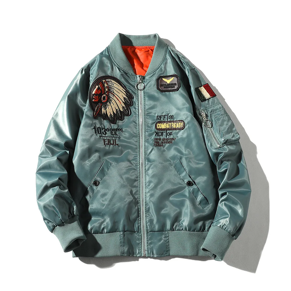 MANVALUE Американский рекреационный мужской тонкий MA-1 Air Force Pilot костюмы форма с воротником-стойкой джинсовый жакет с вышивкой - Цвет: Зеленый
