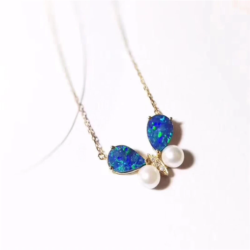 Aazuo 18K Yellow Gold Opal Akoya Pearl Butterfly Necklace Natual Blue Opalgifted for Women Valentine's Day Gift Link Chain | Украшения