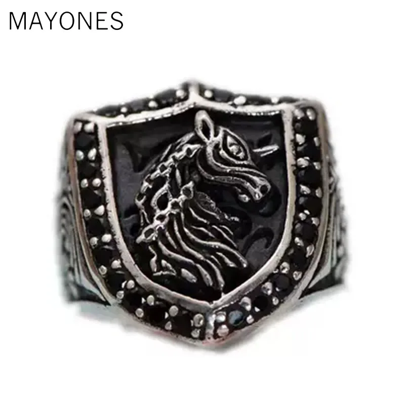 MAYONES Real 925 Sterling Silver Mysterious Unicorn Ring Jewelry Inlaid Obsidian for Men Size 8 9 10 10.5 Free Shipping