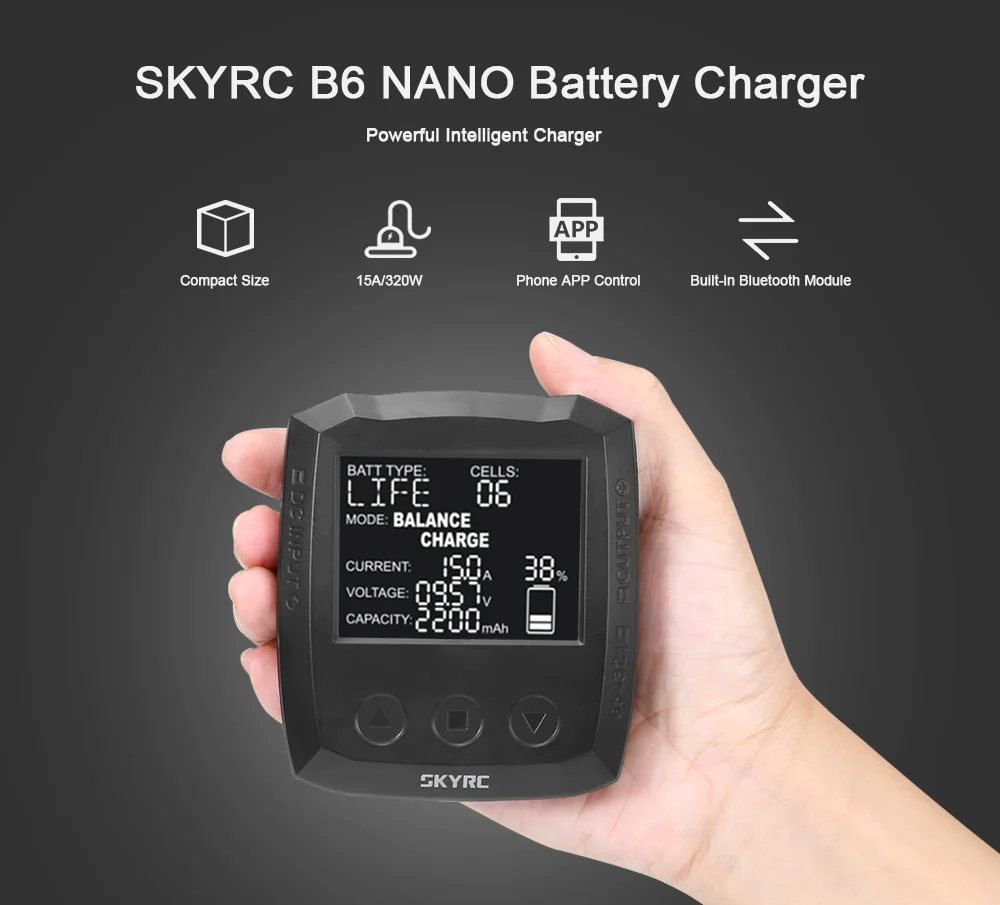 

SKYRC B6 nano LiPo Battery Charger Discharger 15A/320W DC 9-32V Mini Charger for LiFe/ Lilon/ LiPo/ LiHV/ NiMH/ NiCd/ PB Battery