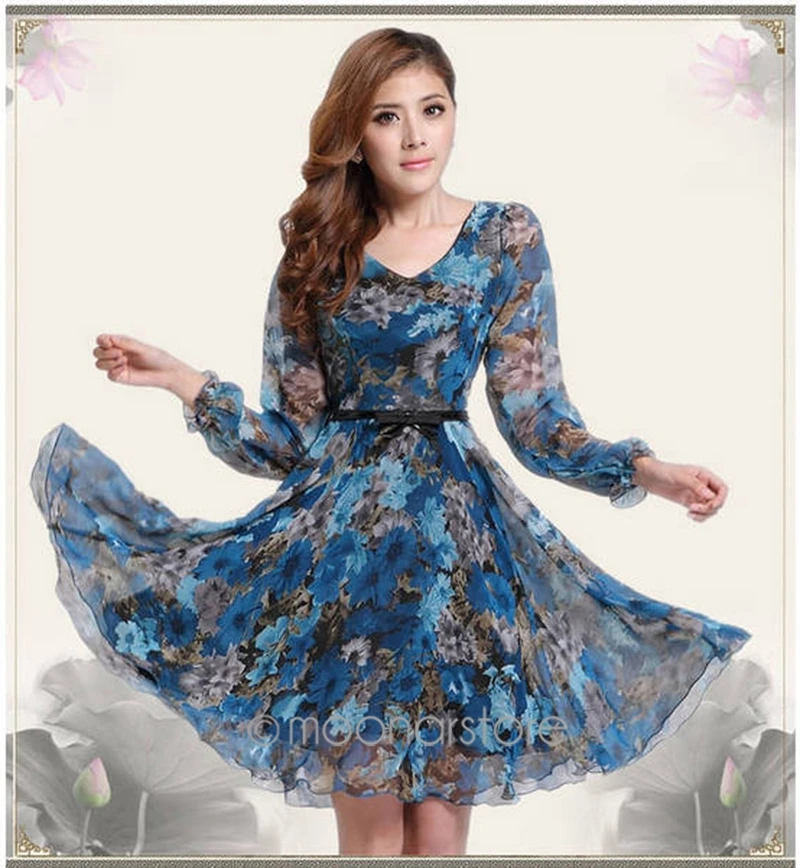 Европейский v образный вырез цветочный принт шифоновое тонкое платье с длинным