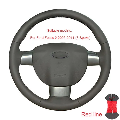 Red thread Крышка рулевого колеса для Ford Focus 2 2005-2011(3-спицевый) Focus 3 2012- KUGA Escape 2013-/на заказ оплетка рулевого колеса - Название цвета: Red thread