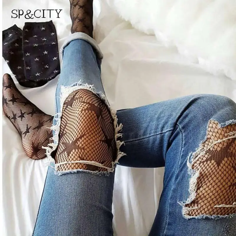 Популярные Модные ажурные колготки со звездами сетчатые в стиле Ins женские