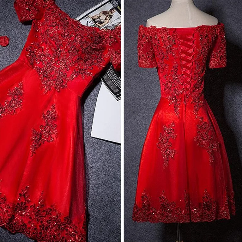 

New Evening Dresses with Appliques Elegant Short Sleeve Red Bride Gown Ball Prom Party Homecoming/Graduation Formal Dress